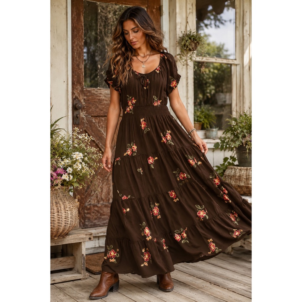 Kindred 2X Brown Floral Embroidered Maxi Dress Boho Cottagecore Peasant Tiered